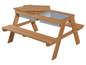 Holz-Picknicktisch mit Sandkasten und Stauraum.