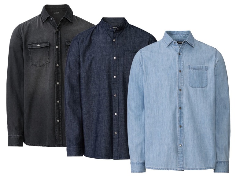 Drei verschiedene blaue Jeanshemden mit langen Ärmeln.