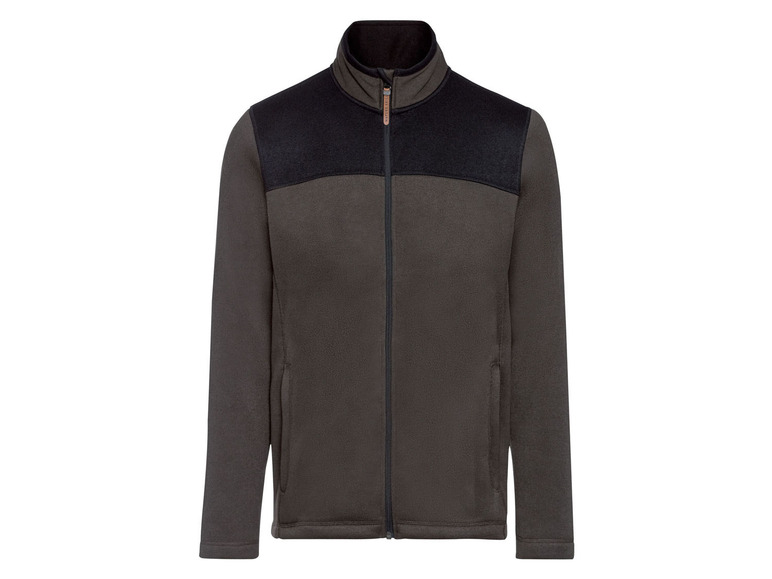 Dunkelgrüne Fleecejacke mit schwarzen Einsätzen.