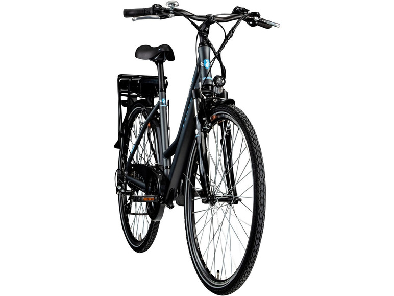 Ein schwarzes E-Bike mit einem blauen Akku.