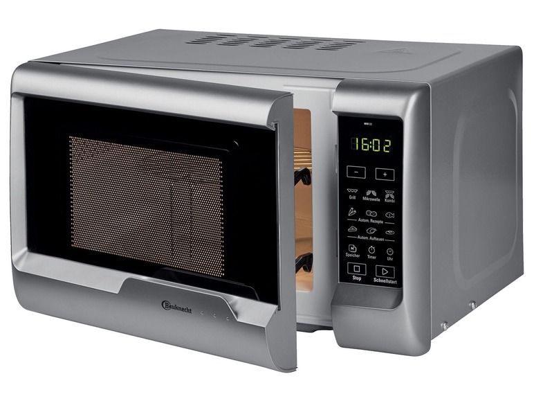 Ein silberner Bauknecht Mikrowellenofen mit offener Tür