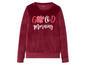 Bordeauxroter Samtpullover mit 'Good Morning'-Aufdruck.
