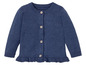 Ein dunkelblauer Strickcardigan mit Knöpfen und Rüschen.