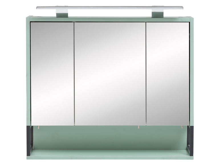 Ein mintgrüner Badschrank mit drei Spiegeltüren und integrierter Beleuchtung.