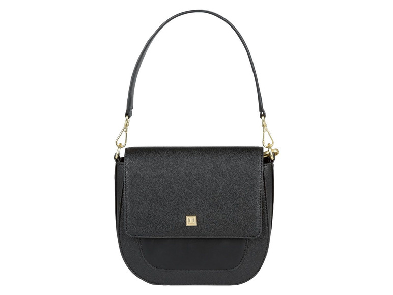 Schwarze Lederschultertasche mit goldenen Details.