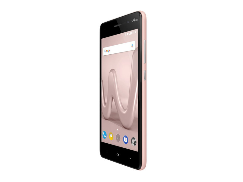 Ein rosafarbenes Wiko Smartphone mit Android-Betriebssystem.