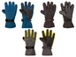 Vier Paar Winterhandschuhe in Blau, Schwarz und Grau mit gelben Akzenten.