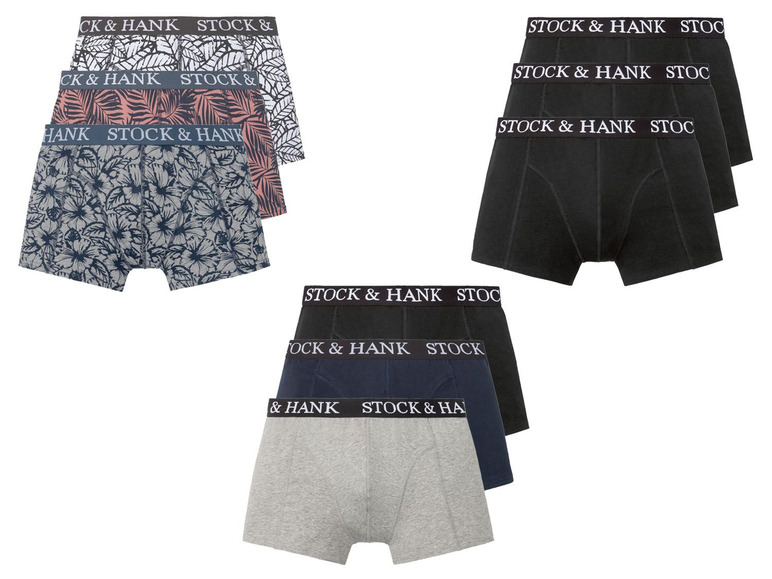 Drei Paar Stock & Hank Boxershorts mit verschiedenen Mustern und Farben.