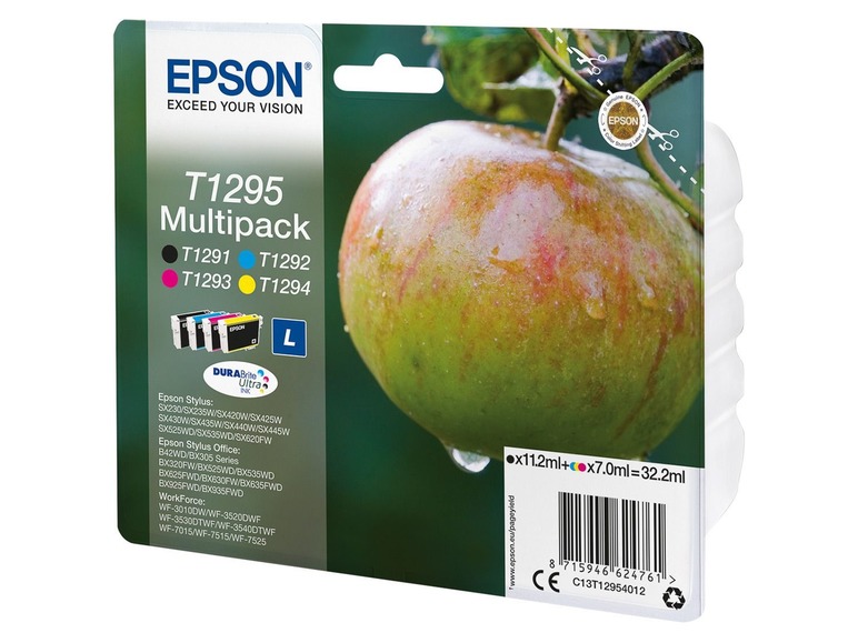 Gehe zu Vollbildansicht: EPSON T1295 Apfel Multipack Tintenpatronen (Schwarz, Cyan, Magenta, Gelb), C13T12954012 - Bild 1