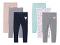 Ein Set mit sechs Leggings für Mädchen mit verschiedenen Mustern, darunter gestreift, einfarbig blau, rosa, einfarbig grün und zwei mit Herzen.