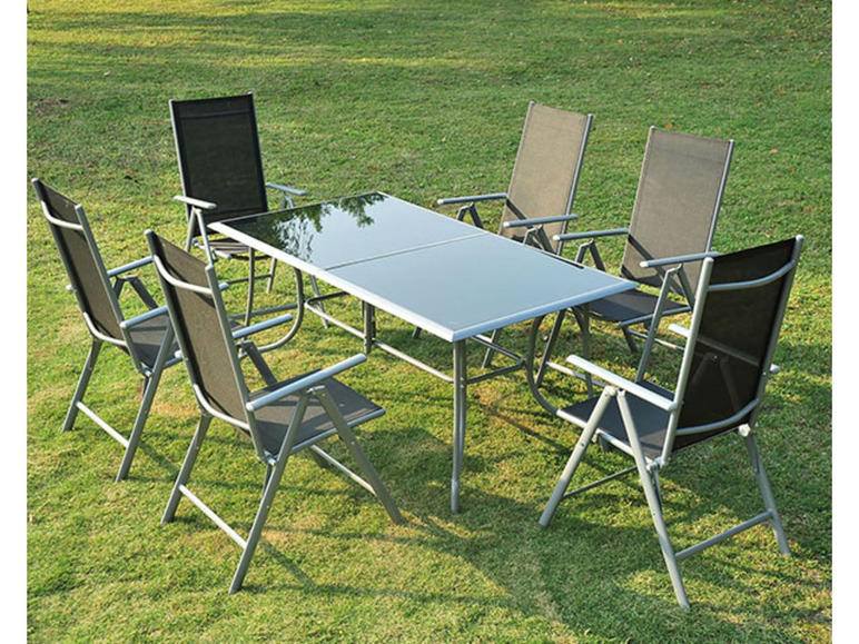 Gehe zu Vollbildansicht: Outsunny Gartensitzgruppe, 7-teilig - Tisch & 6 Stühle, schwarz/grau - Bild 2