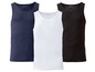 Drei Tanktops von Livergy in Blau, Weiß und Schwarz.