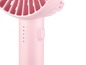Ein rosa Handventilator mit Batteriestandsanzeige.