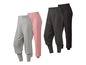 Drei Paar Haremshosen in Grau, Rosa und Schwarz.
