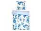 Ein Bettbezug und ein Kissenbezug mit blauem Blumenmuster.