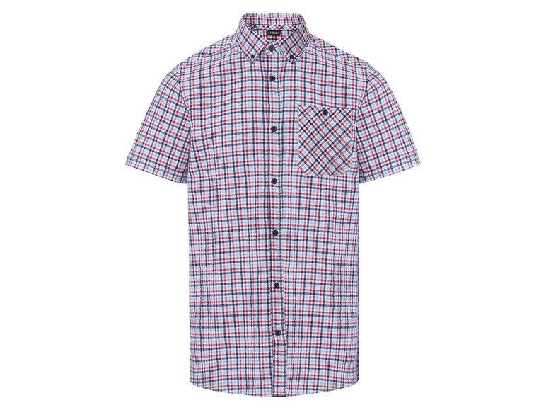 Ein blau-rot-weiß kariertes Hemd mit kurzen Ärmeln.