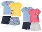 Set mit blauen, gelben und rosa T-Shirts mit Meeresmotiven und Shorts.