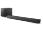 Ein schwarzer Soundbar mit Subwoofer von Philips.