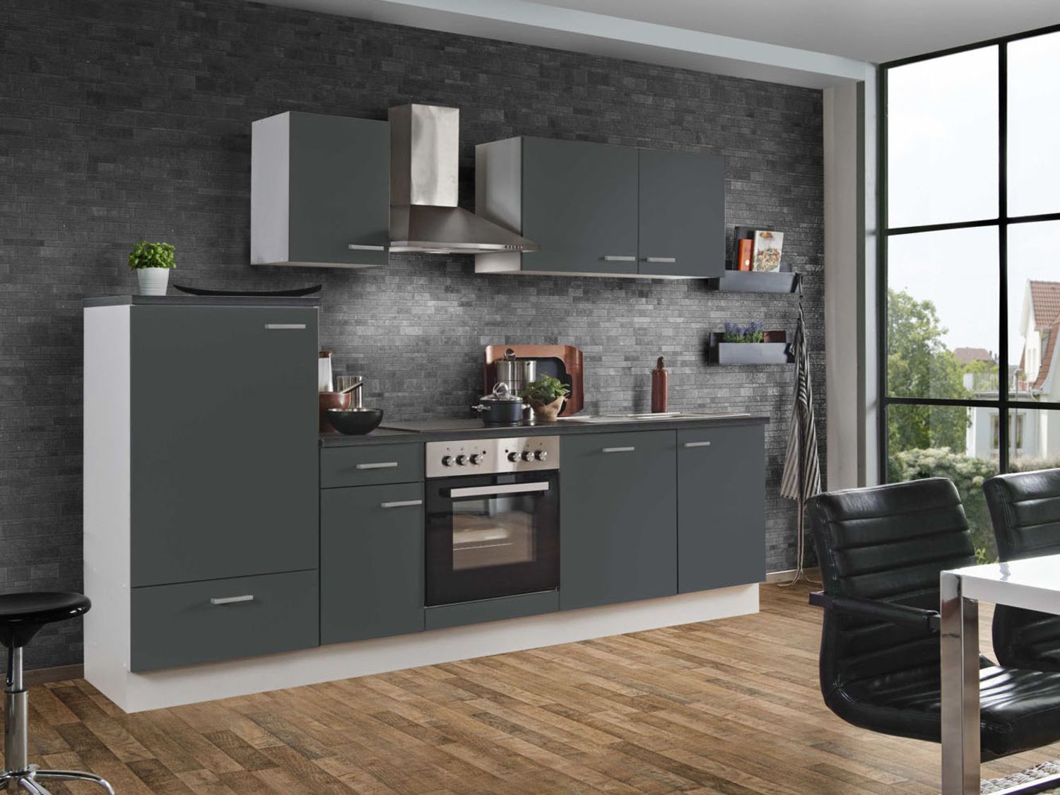 Menke Küchenzeile „Classic“ 270/280/300/310 cm (Geschirrspüler, frei Bordstein, Anthrazit, 270 cm) | 04039354112349