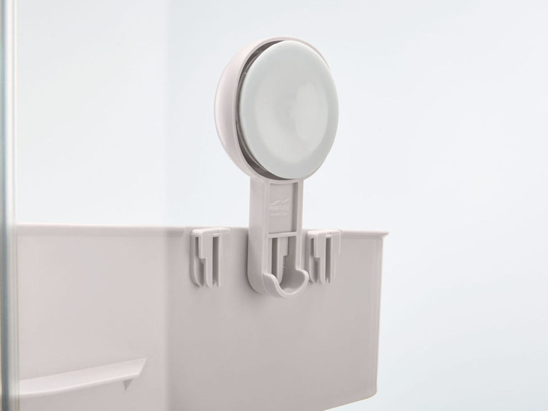 Ein weißer Badezimmerorganizer mit Saugnapf der Marke Homware.