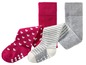 Ein Set mit drei Baby-Strumpfhosen: Rosa mit Herzen, gestreift und grau.