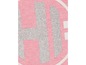 Ein rosa Shirt mit einem glitzernden silbernen Logo.