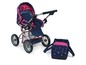 Ein blauer und rosa Kinderwagen mit Sternenmuster und einer passenden Wanne.