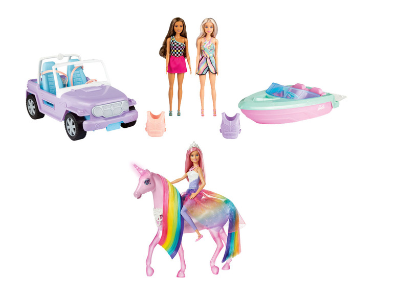 Gehe zu Vollbildansicht: Barbie Puppen mit Fahrzeug und Boot / Puppe mit Einhorn - Bild 1