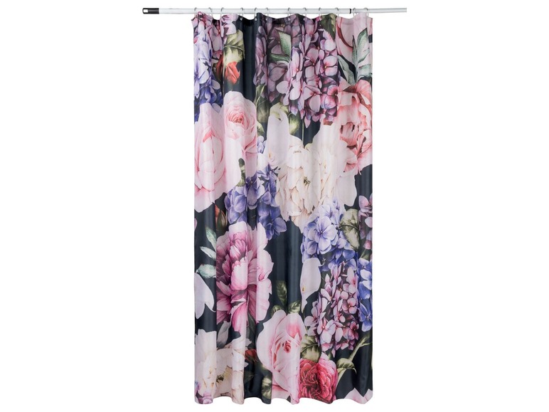 Duschvorhang mit Blumenmuster, rosa und lila Blumen auf schwarzem Hintergrund.