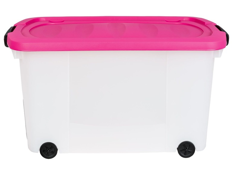 Eine weiße Aufbewahrungsbox mit rosa Deckel und Rädern.