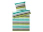Eine Bettwäsche in Streifen mit türkis, grau und grün.