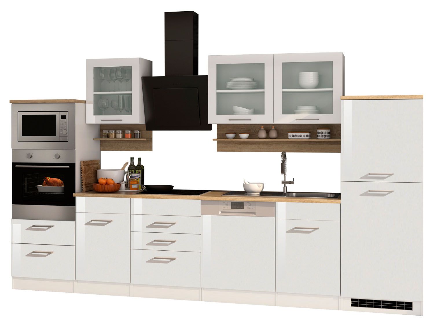 HELD Küchenzeile Mailand 220-390cm (inkl. E-Geräte, Hochglanz-weiß/eiche sonoma, 340 cm) | 04251639434650