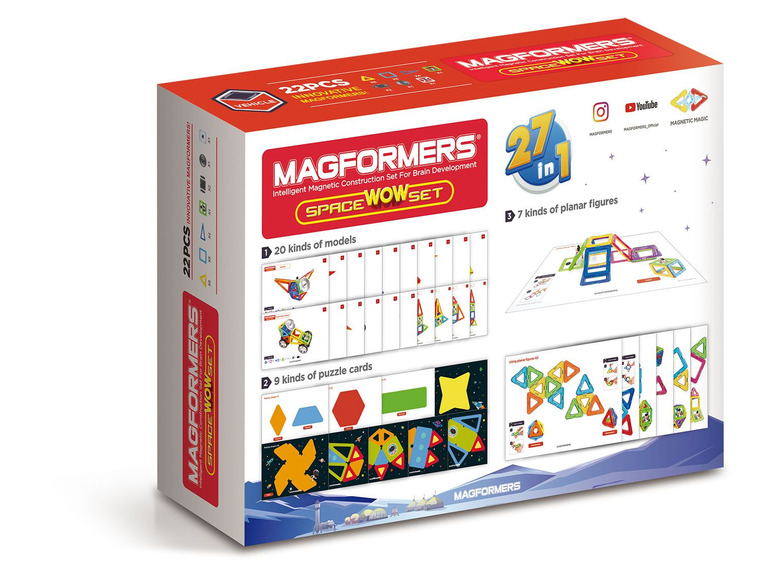 Magformers Space Wowset mit 20 Modellen, 9 Puzzlekarten und 7 ebenen Figuren.