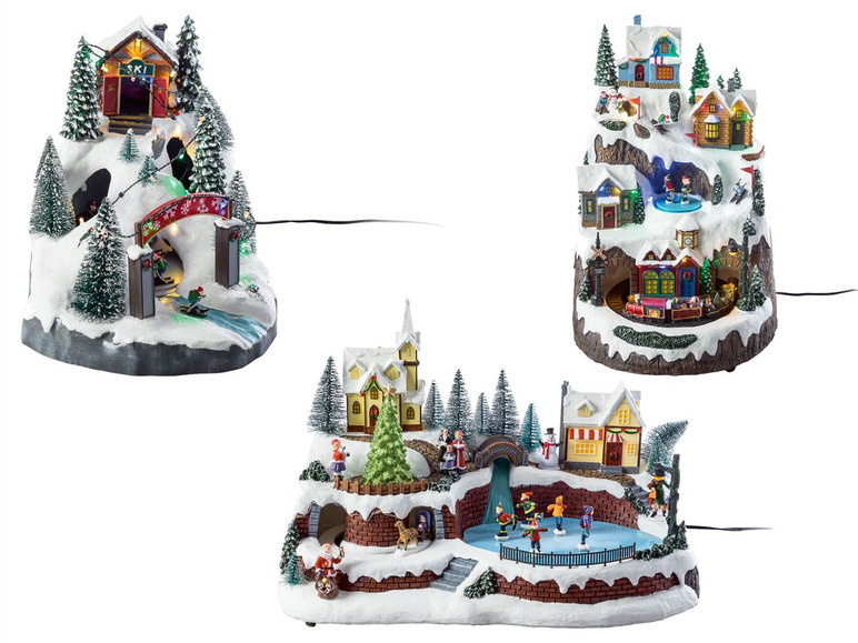 Drei Weihnachtsdörfer mit Skifahren, Schlittschuhlaufen und einem Zug