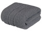 Ein gefaltetes, graues Frotteehandtuch.