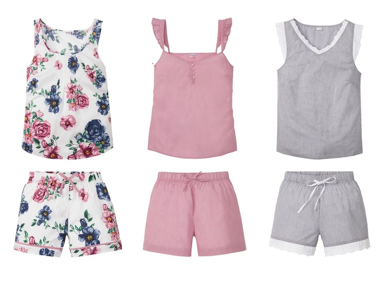 Drei Pyjama-Sets mit Blumenmuster, rosafarbenen und grauen Oberteilen und Shorts