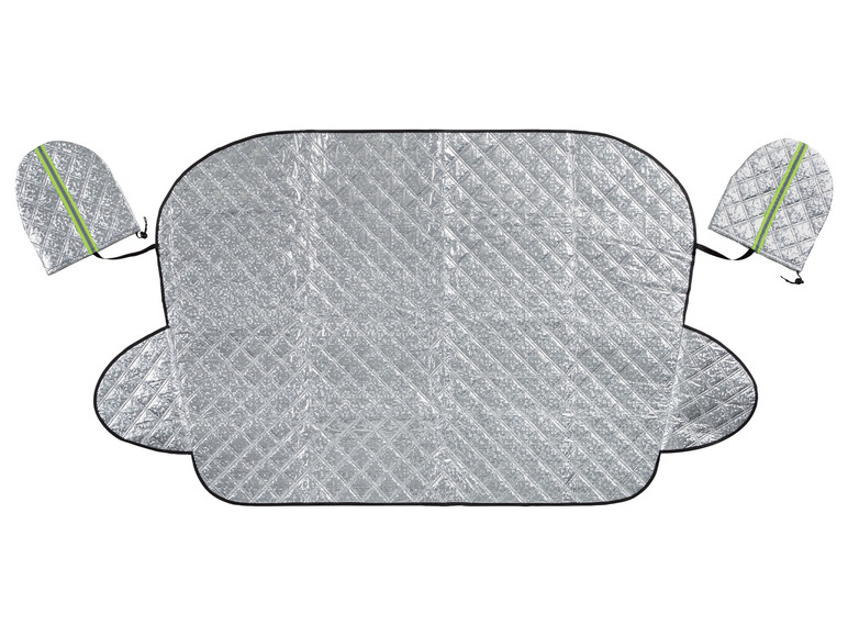 Ein silbernes Sonnenschutzrollo für das Auto mit zwei Seitenteilen.