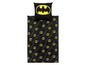 Ein schwarzer Bettbezug mit einem Batman-Logo und Kissenbezug.