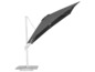 Ein grauer Sonnenschirm mit weißem Fuß und verstellbarem Arm.