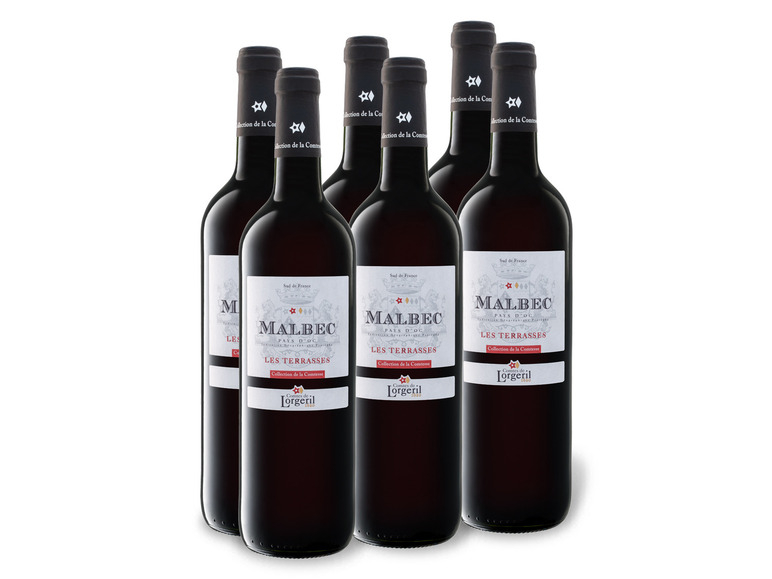 Gehe zu Vollbildansicht: 6 x 0,75-l-Flasche Weinpaket Malbec Pays d'Oc Les Terrasses IGP trocken, Rotwein - Bild 1