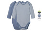 Zwei Baby-Bodys mit langen Ärmeln, einer einfarbig blau und einer gestreift.