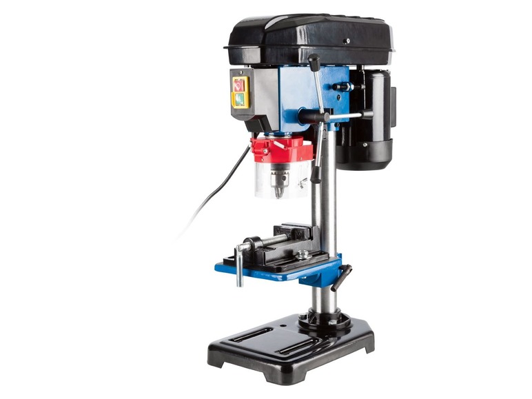 Eine blaue Bohrbohrmaschine mit einem Schraubstock.