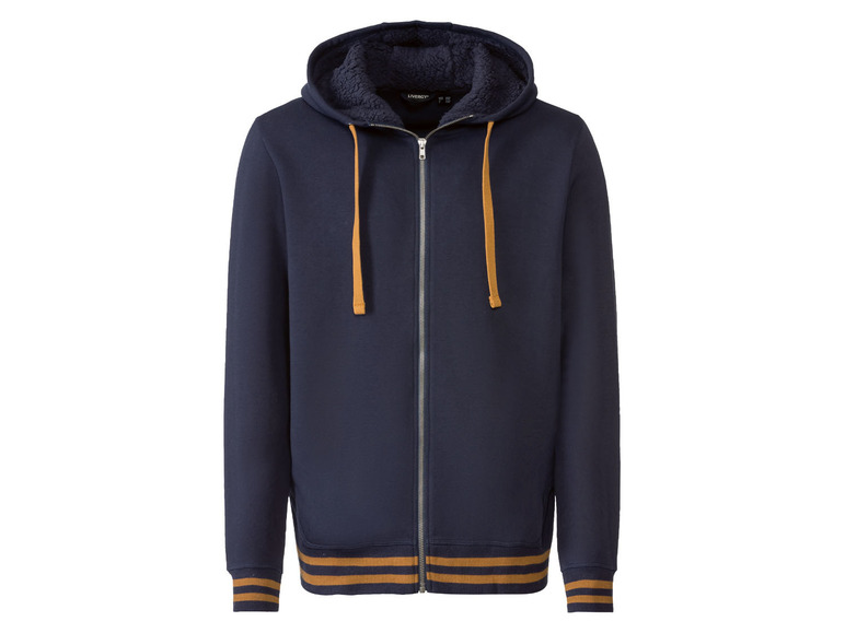 Ein dunkelblauer Hoodie mit Reißverschluss und Kapuze, mit orangefarbenen Akzenten.
