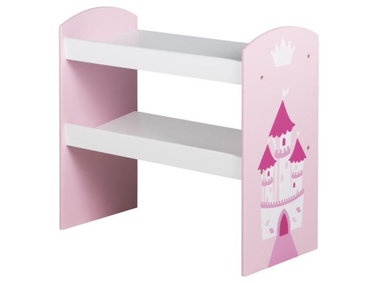 Rosa Bücherregal mit zwei Regalbrettern und Prinzessinnenmotiv.