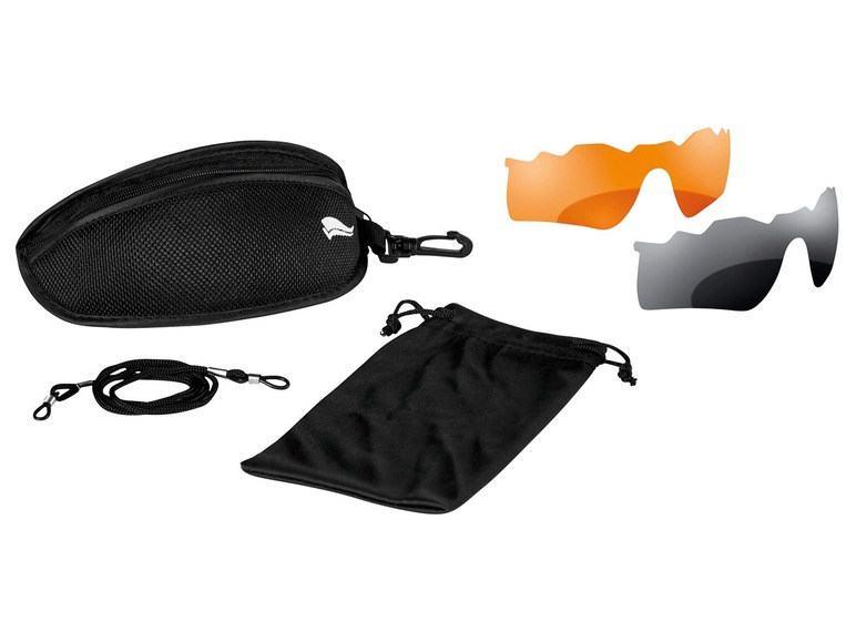 Sonnenbrille mit orangefarbenen und grauen Gläsern, Hartschalenetui, weichem Etui und Kordel.