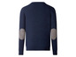 Ein dunkelblauer Pullover mit Leder-Ellenbogenpatches.