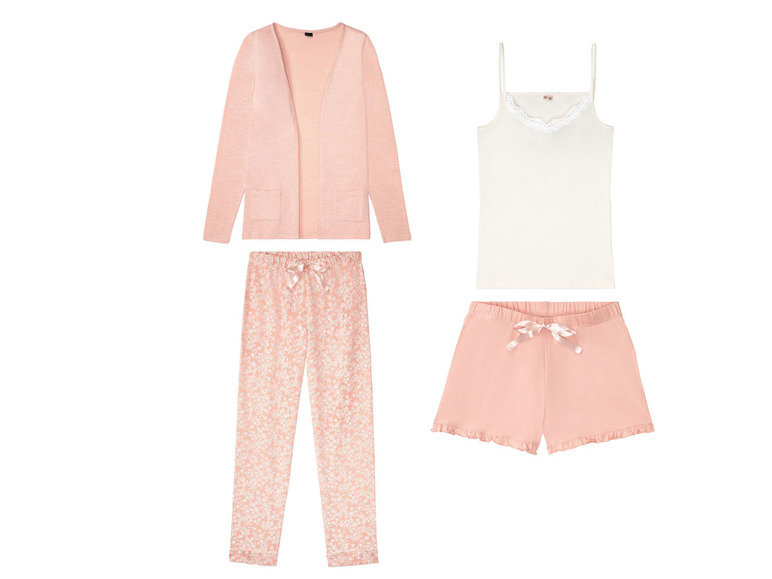 Ein rosa Pyjama mit Cardigan, Shorts und Spitzentop.
