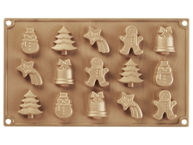 Backform mit Weihnachtsformen: Tannenbaum, Stern, Schneemann und Lebkuchenmann.