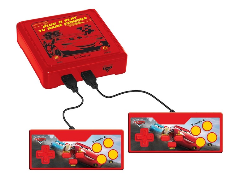 Eine rote Cars-Spielkonsole mit zwei Controllern.