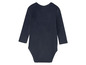 Ein dunkelblauer Baby-Body mit langen Ärmeln.